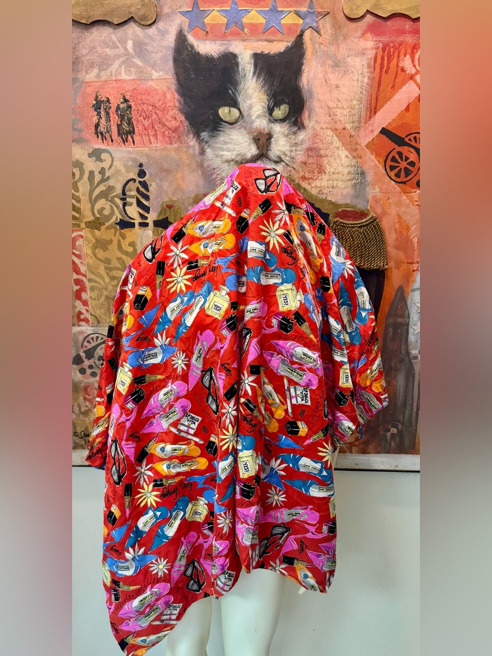 Nicole Miller Vintage 80s 43” heavy weight, jacquard hand sewn silk “Bon Voyage”